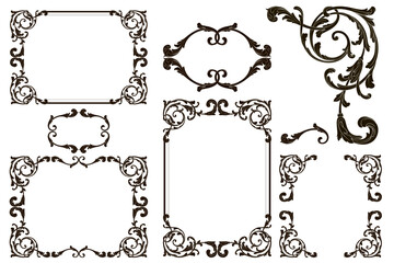 Decorative design set featuring flourish borders, corner elements, and frames, ideal for invitations, menus, and page embellishments. Perfect for enhancing layouts with elegant vector details.