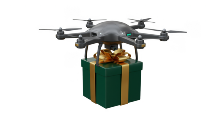 3D Render Drone Delivering Green Gift Box Holiday Celebration Present