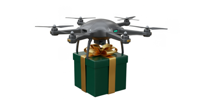 3D Render Drone Delivering Green Gift Box Holiday Celebration Present - Powered by Adobe