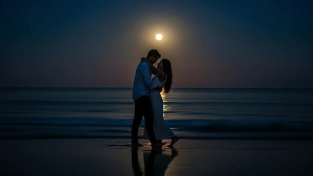 A romantic silhouette of a couple slow dancing in the moonlight on a beach, with the full moon reflecting on the calm ocean water. - Powered by Adobe