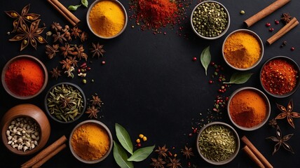 Vibrant assortment of spices arranged in bowls, showcasing rich colors and textures against a dark background.