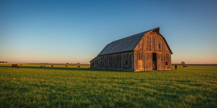 Rural barn at sunset with grazing livestock in a field.