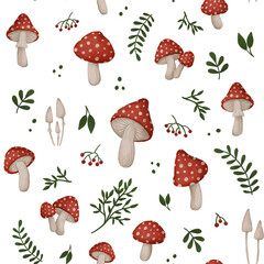 Fly agaric, fungus, poison mushrooms with plants seamless pattern, hand draw magic woodland wallpaper, transparent background