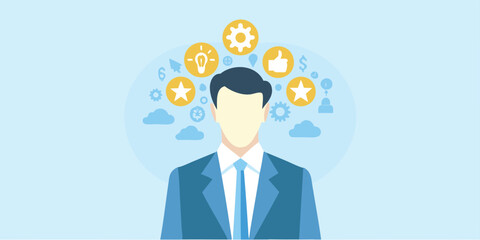 Illustration of a business man with icons of ideas, gears, and feedback floating above his head