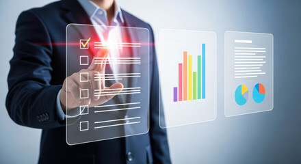 Businessman touching checklist data analysis charts business intelligence dashboard interface report