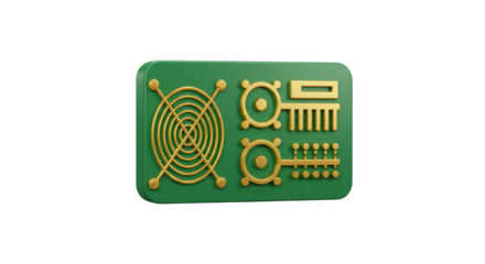 3D Illustration of Golden Green Computer Power Supply Unit Hardware