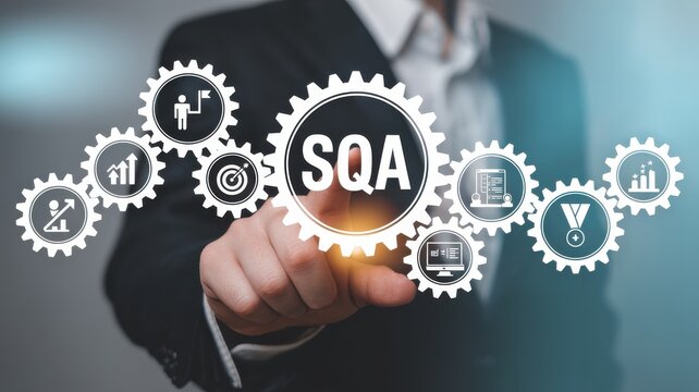 SQA Concept Hand Engaging Gear System Illustrating Quality Assurance and Software Testing Processes