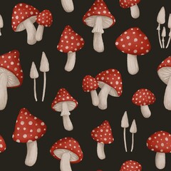 Cartoon fly agaric, fungus, poison mushrooms seamless pattern, hand draw magic woodland wallpaper, black background
