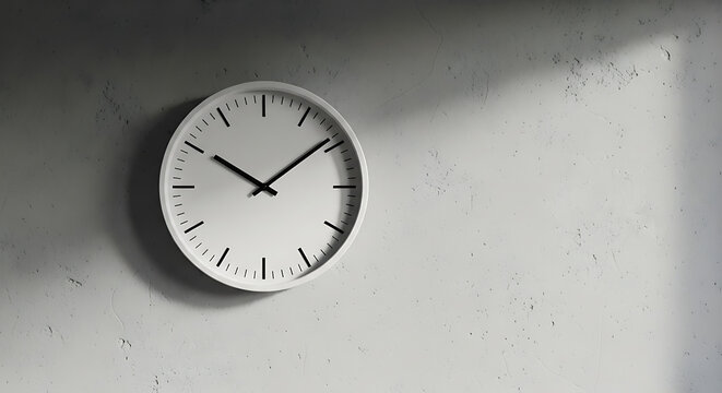 A minimalist white clock hangs on a light gray textured wall, casting subtle shadows.