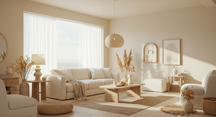 Obraz premium Neutral Living Room Interior with Sofa, Wooden Coffee Table, and Decorative Accents