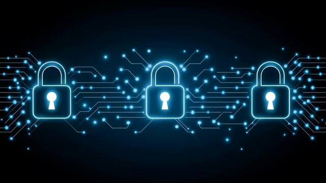 Futuristic digital locks with glowing lines and circuit patterns representing security and data protection concepts