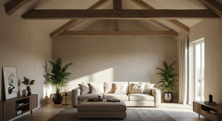 Cozy and bright living room with rustic beams and neutral tones