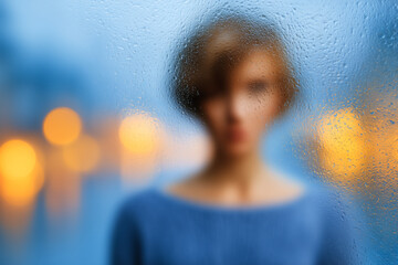 Woman gazes through misty glass while blurred urban lights shimmer in background. Soft evening ambiance creates introspective mood. Concept of reflections, urban life, emotional storytelling
