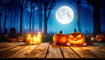 A spooky jack-o'-lantern with an evil face and a glowing candle inside, perfect for a dark Halloween celebration and autumn decoration