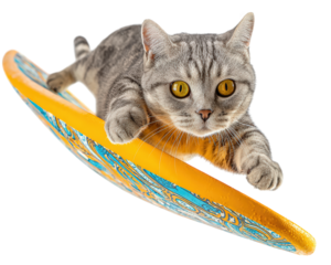 Cat surfboard joyful playful animal isolated transparency background