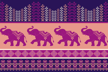 White elephants in Thai tribal textile pattern on color background. Traditional geometric ethnic design with pixel-style weaving motifs from Southeast Asia.