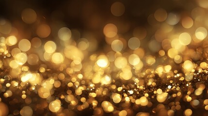 Elegant abstract background with defocused circular golden bokeh lights and sparkling glitter for festive Christmas, New Year, wedding, or luxury celebration design