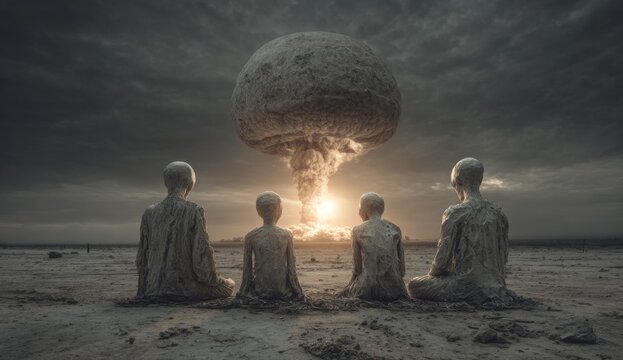 Aliens looking upon the flat destroy earth with nuclear explosion, mushroom cloud in the time of Armageddon with the four horseman of the apocalypses in a dark and sinister background setting