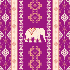 White elephants in Thai tribal textile pattern on color background. Traditional geometric ethnic design with pixel-style weaving motifs from Southeast Asia.