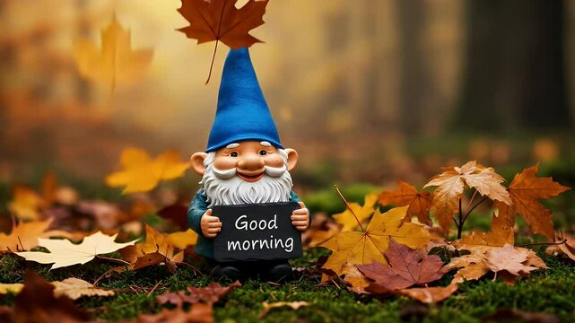 Garden Gnome Holding Good Morning Sign Amidst Falling Autumn Leaves on Mossy Forest Floor Animation