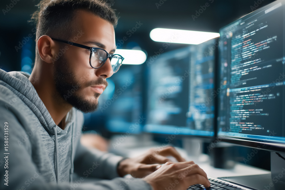 Poster man in glasses focused on coding at two computer monitors in a dimly lit office. high-tech environme