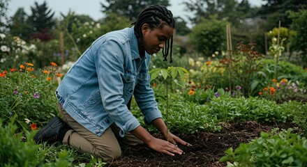 young man planting tree in the garden