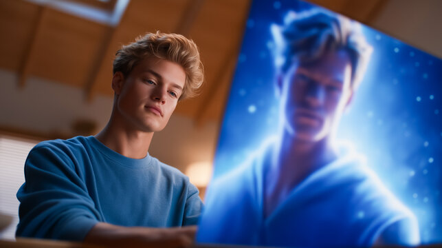 Young man concentrates on digital artwork displayed on screen. Bright artistic environment with warm wooden accents. Concept of digital art, creativity, design technology