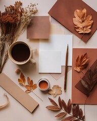Autumn-toned stationery, coffee, and dried leaves flatlay