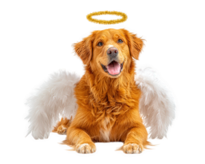 Golden retriever angel wings halo fluffy happy white feather cute pet isolated joyful dog with white feather wings and golden halo expressing happiness and innocence on transparency background