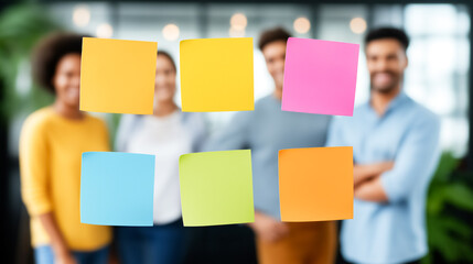 Group of professionals engaged in brainstorming with colorful sticky notes displayed on glass wall. Bright, collaborative office environment. Concept of teamwork, creativity, productivity