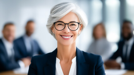 Businesswoman smiles confidently while seated at conference table. Bright, contemporary office setting with colleagues in background