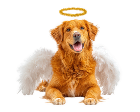 Golden retriever angel wings halo fluffy happy white feather cute pet isolated joyful dog with white feather wings and golden halo expressing happiness and innocence on transparency background - Powered by Adobe