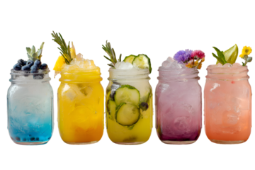Colorful And Refreshing Summer Cocktails Served In Mason Jars With Unique Garnishments