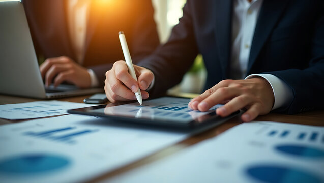 Close up of a business professional using a stylus on a tablet displaying financial charts and graphs while working on a laptop