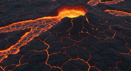 Closeup view of a volcanic landscape with a glowing lava crater and molten lava rivers flowing across cracked dark rock