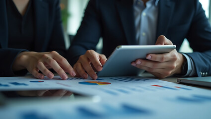 Two business professionals in suits collaborating and analyzing financial data on a tablet and charts in a modern office setting