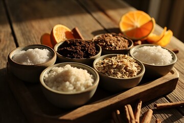Natural Exfoliating Ingredients In Ceramic Bowls On Wooden Tray