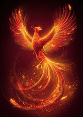 phoenix rising from glowing neon flames, high contrast background, swirling sparks, fantasy rebirth symbolism
