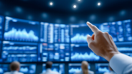 Individuals analyzing stock market data with multiple digital screens showcasing graphs and statistics. Contemporary financial trading room setting with focus on data interpretation