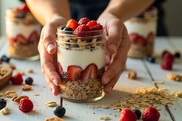 Mason Jar Overnight Oats With Colorful Layers And Fresh Berry Toppings