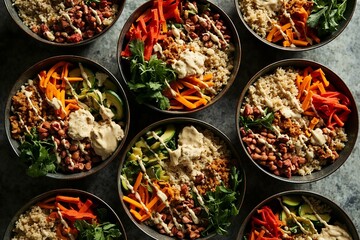 Colorful Buddha Bowl Collection Arranged In Geometric Pattern From Above