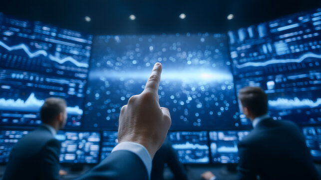 Team of professionals engaged in data analysis, pointing at digital displays showcasing graphs and metrics. Sleek, modern office with high-tech atmosphere. Concept of finance, analytics, technology