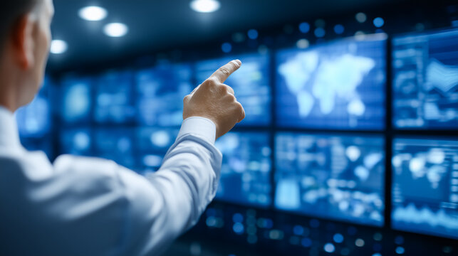 Business professional points at digital displays filled with data analytics and global maps. Contemporary office environment illuminated by blue light