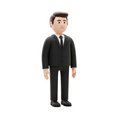 3d Cartoon Businessman in Black Suit Isolated Transparent Background