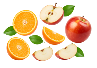 Isolated Fresh Orange Apple Fruit Slices with Leaf on Transparent Background