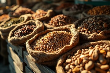 Farmer's Market Display Of Dried Legumes And Protein-Rich Foods