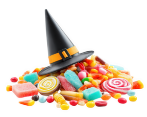 Witch hat candy colorful sweet Halloween isolated sugar treat festive playful joyful photo object celebration pile assorted confectionery fun decoration fantasy magical party autumn seasonal trick