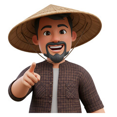 3d Cartoon Man Character in Traditional Hat Pointing Isolated Background