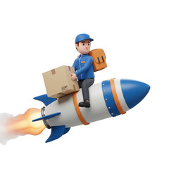 3D Cartoon Man Delivers Package Riding Rocket on Transparent Background