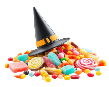 Witch hat candy colorful sweet Halloween isolated sugar treat festive playful joyful photo object celebration pile assorted confectionery fun decoration fantasy magical party autumn seasonal trick
